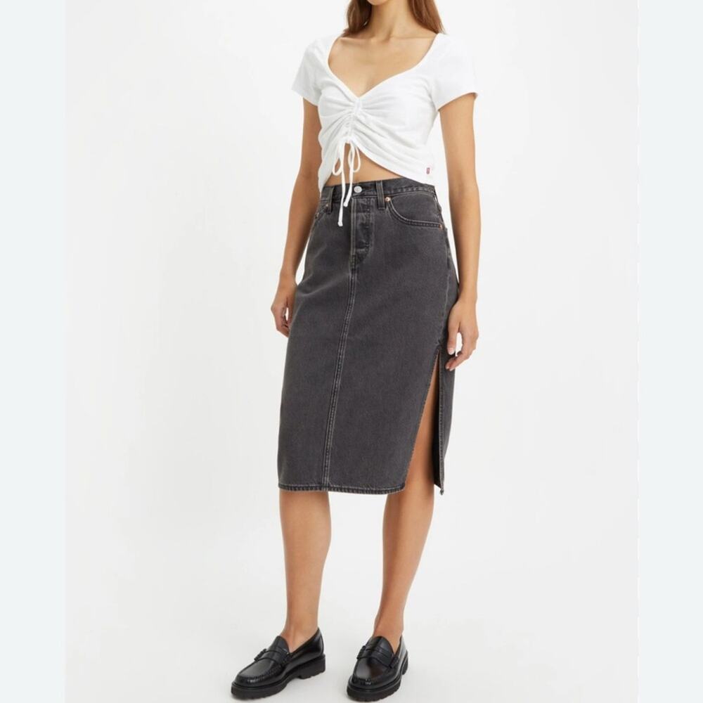 NEW LEVI’S DENIM Side Slit Midi Skirt WASHED BLACK JEAN SKIRT SZ 27